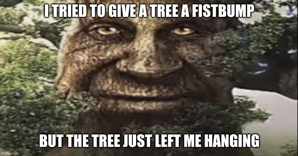 Wise mystical tree | I TRIED TO GIVE A TREE A FISTBUMP; BUT THE TREE JUST LEFT ME HANGING | image tagged in wise mystical tree | made w/ Imgflip meme maker