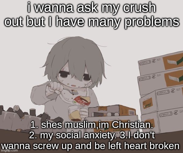 but anouther thing is my best friend also likes her but we've came to teerms saying if it get in the way of the boys it wouldent | i wanna ask my crush out but I have many problems; 1. shes muslim,im Christian. 2. my social anxiety. 3.I don't wanna screw up and be left heart broken | image tagged in avogado6 depression | made w/ Imgflip meme maker