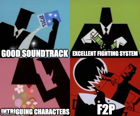 how to make a good game | GOOD SOUNDTRACK; EXCELLENT FIGHTING SYSTEM; INTRIGUING CHARACTERS; F2P | image tagged in powerpuff girls creation,gaming | made w/ Imgflip meme maker