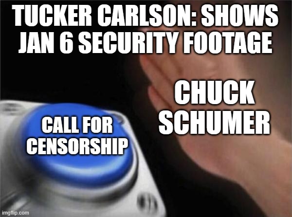 Blank Nut Button | TUCKER CARLSON: SHOWS JAN 6 SECURITY FOOTAGE; CHUCK SCHUMER; CALL FOR CENSORSHIP | image tagged in memes,blank nut button | made w/ Imgflip meme maker