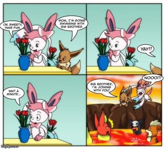 Bad choice letting your kid almost go into lava, Sylveon! | image tagged in sylveon,eevee,flareon,comic,eeveelutions,pokemon | made w/ Imgflip meme maker