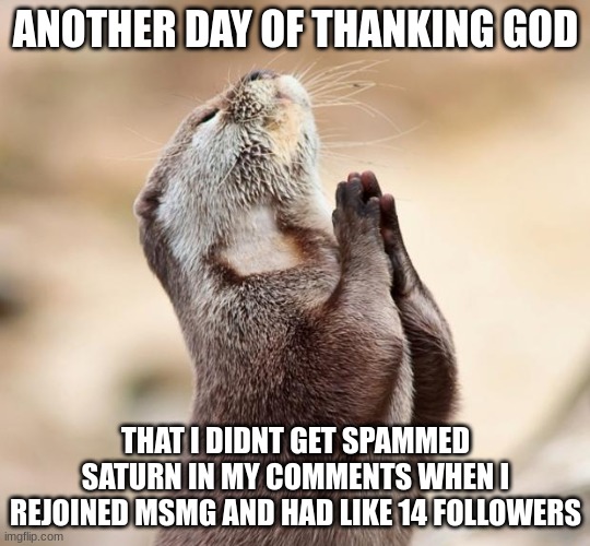 am i lucky?!?! | ANOTHER DAY OF THANKING GOD; THAT I DIDNT GET SPAMMED SATURN IN MY COMMENTS WHEN I REJOINED MSMG AND HAD LIKE 14 FOLLOWERS | image tagged in animal praying | made w/ Imgflip meme maker