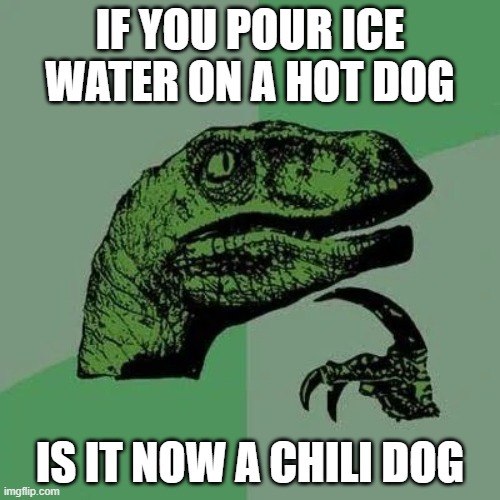 Chili dog | IF YOU POUR ICE WATER ON A HOT DOG; IS IT NOW A CHILI DOG | image tagged in raptor asking questions | made w/ Imgflip meme maker