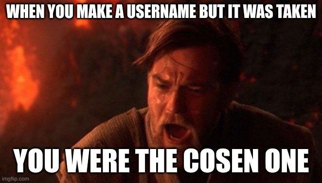 You Were The Chosen One (Star Wars) Meme | WHEN YOU MAKE A USERNAME BUT IT WAS TAKEN; YOU WERE THE COSEN ONE | image tagged in memes,you were the chosen one star wars | made w/ Imgflip meme maker