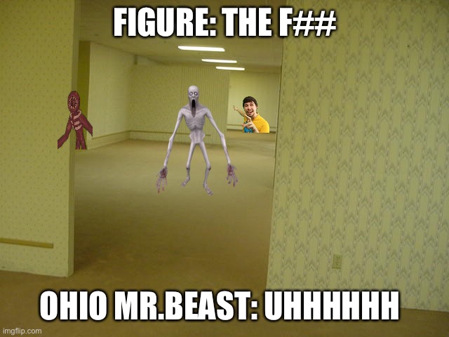 Figure ohio mrbeast and scp-096 in the backrooms | FIGURE: THE F##; OHIO MR.BEAST: UHHHHHH | image tagged in the backrooms | made w/ Imgflip meme maker