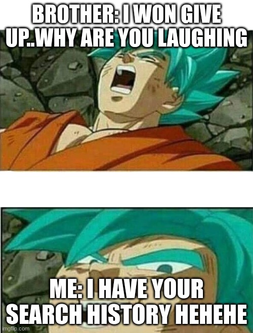 I feel like a winner | BROTHER: I WON GIVE UP..WHY ARE YOU LAUGHING; ME: I HAVE YOUR SEARCH HISTORY HEHE | image tagged in dragon ball z | made w/ Imgflip meme maker