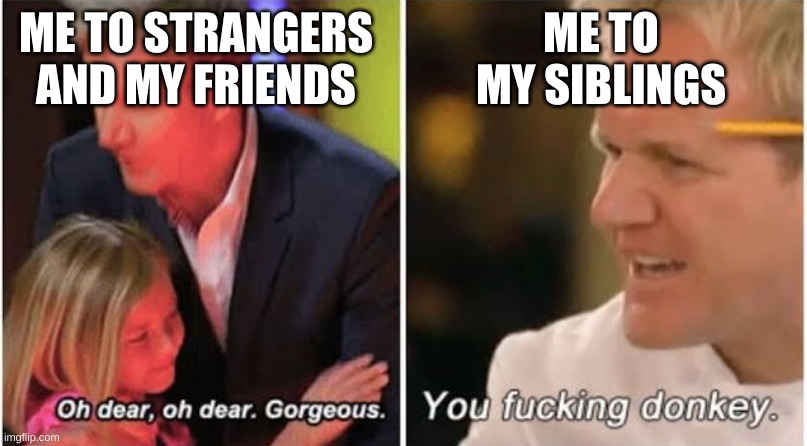 sibling rivalry be like | ME TO STRANGERS AND MY FRIENDS; ME TO MY SIBLINGS | image tagged in gordon ramsay kids vs adults | made w/ Imgflip meme maker
