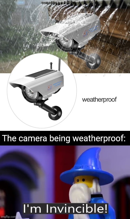 The weatherproof camera | The camera being weatherproof: | image tagged in i'm invincible,weatherproof,camera,cameras,memes,meme | made w/ Imgflip meme maker