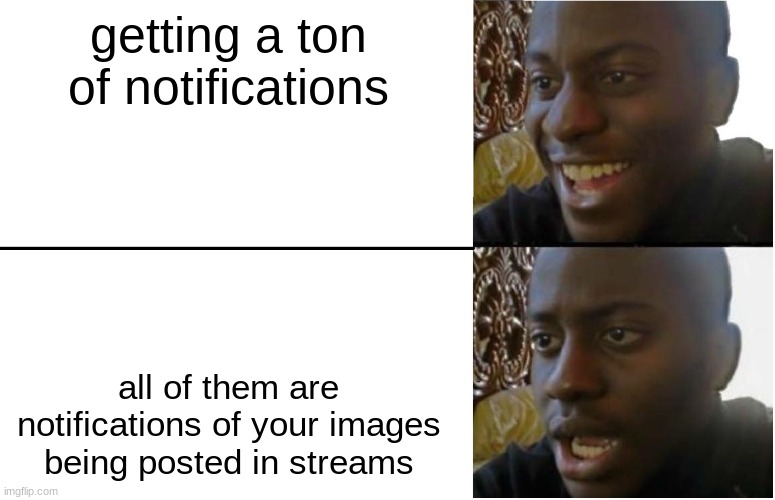 i get so excited | getting a ton of notifications; all of them are notifications of your images being posted in streams | image tagged in disappointed black guy | made w/ Imgflip meme maker