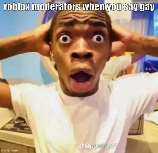 roblox (real) | roblox moderators when you say gay | image tagged in shocked black guy | made w/ Imgflip meme maker
