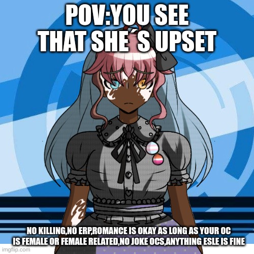 other new oc | POV:YOU SEE THAT SHE´S UPSET; NO KILLING,NO ERP,ROMANCE IS OKAY AS LONG AS YOUR OC IS FEMALE OR FEMALE RELATED,NO JOKE OCS,ANYTHING ESLE IS FINE | made w/ Imgflip meme maker
