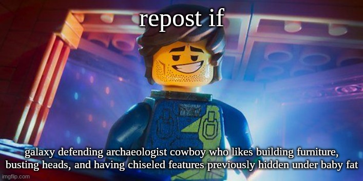 Rex Dangervest | repost if; galaxy defending archaeologist cowboy who likes building furniture, busting heads, and having chiseled features previously hidden under baby fat | image tagged in rex dangervest | made w/ Imgflip meme maker