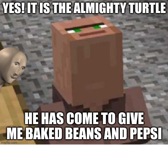Minecraft Villager Looking Up | YES! IT IS THE ALMIGHTY TURTLE; HE HAS COME TO GIVE ME BAKED BEANS AND PEPSI | image tagged in minecraft villager looking up | made w/ Imgflip meme maker