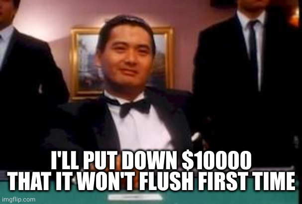 god of gamblers | I'LL PUT DOWN $10000 THAT IT WON'T FLUSH FIRST TIME | image tagged in god of gamblers | made w/ Imgflip meme maker