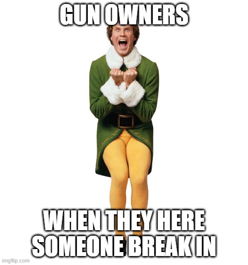 Exited Buddy | GUN OWNERS; WHEN THEY HERE SOMEONE BREAK IN | image tagged in exited buddy | made w/ Imgflip meme maker