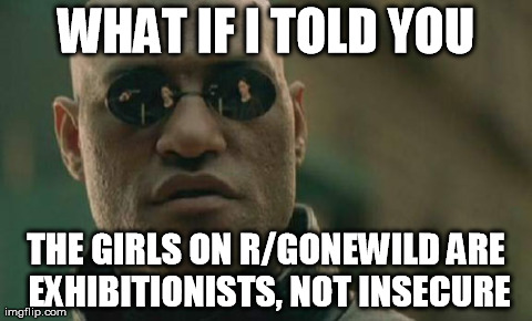 Matrix Morpheus Meme | WHAT IF I TOLD YOU THE GIRLS ON R/GONEWILD ARE EXHIBITIONISTS, NOT INSECURE | image tagged in memes,matrix morpheus | made w/ Imgflip meme maker