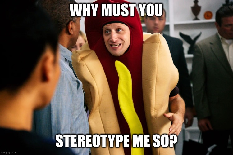 Stereotype? | WHY MUST YOU; STEREOTYPE ME SO? | image tagged in hot dog guy | made w/ Imgflip meme maker