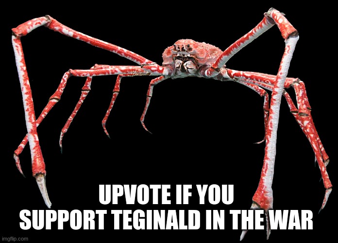 i dont really but ay do it also im not begging and i mean reginald not teginald | UPVOTE IF YOU SUPPORT TEGINALD IN THE WAR | image tagged in japanese spider crab,war,reginald,crab | made w/ Imgflip meme maker