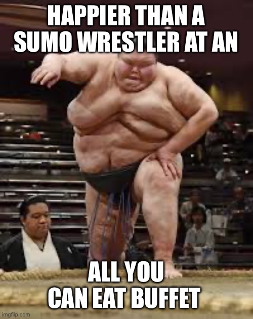 Happier than a sumo wrestler | HAPPIER THAN A SUMO WRESTLER AT AN; ALL YOU CAN EAT BUFFET | image tagged in funny memes,funny,memes,sumo | made w/ Imgflip meme maker