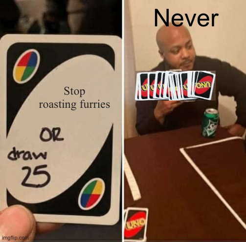 No… no I don’t think I will | Never; Stop roasting furries | image tagged in memes,uno draw 25 cards | made w/ Imgflip meme maker
