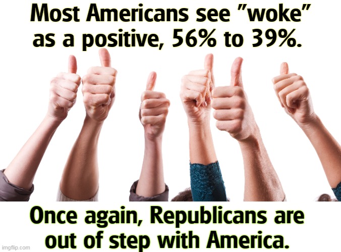 Awareness of racial problems is only a sin if you're a Republican. | Most Americans see "woke" as a positive, 56% to 39%. Once again, Republicans are 
out of step with America. | image tagged in woke,americans,positive,republicans,wrong,again | made w/ Imgflip meme maker