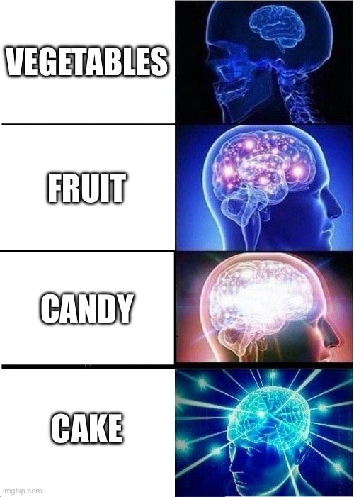 Expanding Brain | VEGETABLES; FRUIT; CANDY; CAKE | image tagged in memes,expanding brain | made w/ Imgflip meme maker