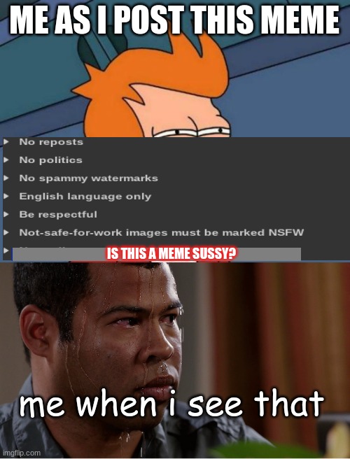 frfr | ME AS I POST THIS MEME; IS THIS A MEME SUSSY? me when i see that | image tagged in memes,futurama fry | made w/ Imgflip meme maker