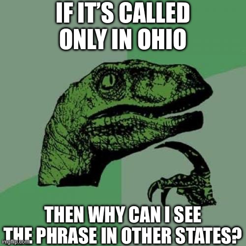 Philosoraptor Meme | IF IT’S CALLED ONLY IN OHIO; THEN WHY CAN I SEE THE PHRASE IN OTHER STATES? | image tagged in memes,philosoraptor | made w/ Imgflip meme maker