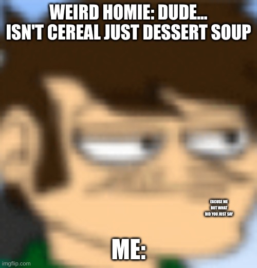 What | WEIRD HOMIE: DUDE... ISN'T CEREAL JUST DESSERT SOUP; ME:; EXCUSE ME BUT WHAT DID YOU JUST SAY | image tagged in what | made w/ Imgflip meme maker