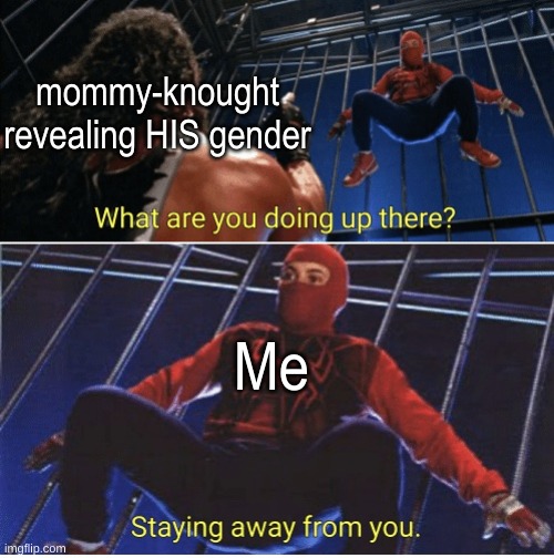 HE HAS A DICK HE HAS A DICK HE HAS A DICK | mommy-knought revealing HIS gender; Me | image tagged in spider-man - staying away | made w/ Imgflip meme maker