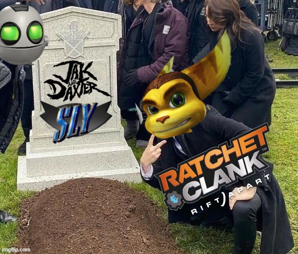When the Lombax is more popular then 2 dead franchises | image tagged in peace sign tombstone,ratchet and clank,jak and daxter,sly cooper,playstation,ratchet and clank rift apart | made w/ Imgflip meme maker