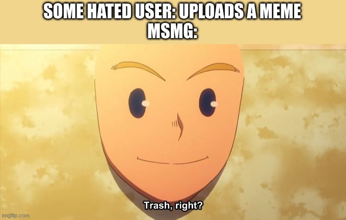 Trash, right? | SOME HATED USER: UPLOADS A MEME
MSMG: | image tagged in trash right | made w/ Imgflip meme maker