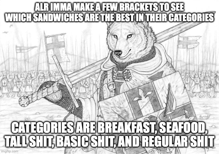 Fursader. | ALR IMMA MAKE A FEW BRACKETS TO SEE WHICH SANDWICHES ARE THE BEST IN THEIR CATEGORIES; CATEGORIES ARE BREAKFAST, SEAFOOD, TALL SHIT, BASIC SHIT, AND REGULAR SHIT | image tagged in fursader | made w/ Imgflip meme maker