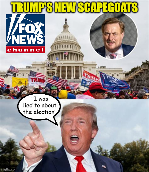Trump's scapegoats | TRUMP'S NEW SCAPEGOATS; "I was lied to about the election" | image tagged in donald trump,the big lie,fox news,mike lindell,maga,liar | made w/ Imgflip meme maker