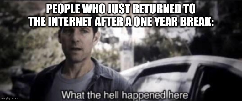 Clever title that intrigues viewers | PEOPLE WHO JUST RETURNED TO THE INTERNET AFTER A ONE YEAR BREAK: | image tagged in what the hell happened here | made w/ Imgflip meme maker