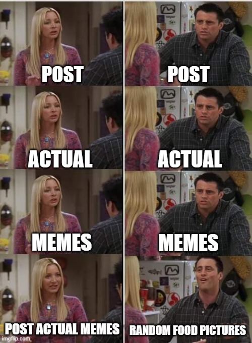 Phoebe Joey | POST; POST; ACTUAL; ACTUAL; MEMES; MEMES; POST ACTUAL MEMES; RANDOM FOOD PICTURES | image tagged in phoebe joey | made w/ Imgflip meme maker