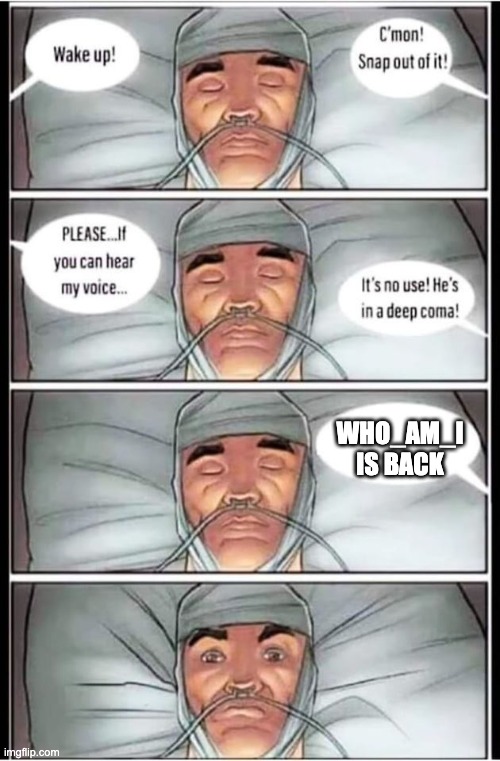 Coma | WHO_AM_I IS BACK | image tagged in coma | made w/ Imgflip meme maker