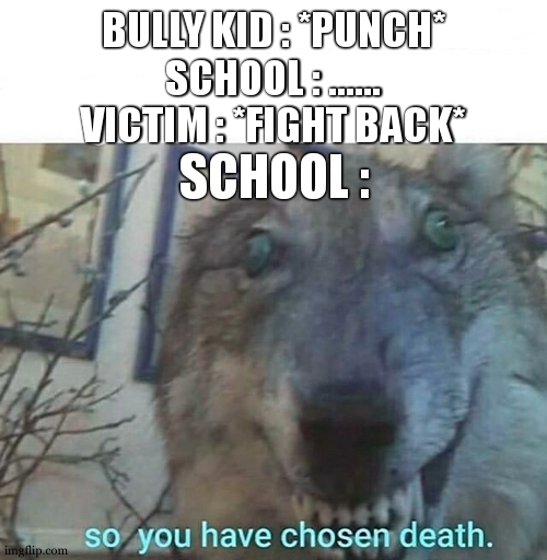 so you have chosen death |  BULLY KID : *PUNCH*
SCHOOL : ......
VICTIM : *FIGHT BACK*; SCHOOL : | image tagged in so you have chosen death,so true,relatable,school,bullying,victim | made w/ Imgflip meme maker