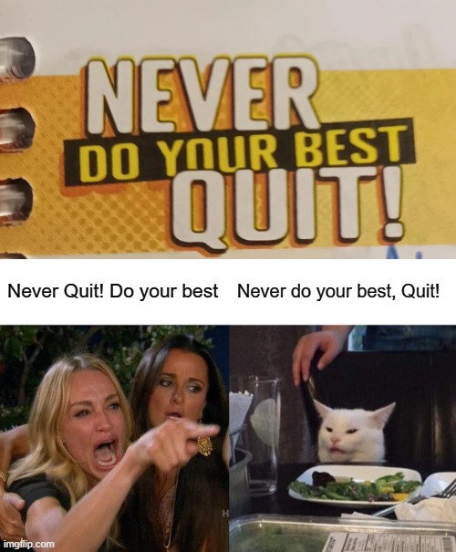 Never Quit! Do your best; Never do your best, Quit! | image tagged in memes,woman yelling at cat,you had one job,funny | made w/ Imgflip meme maker