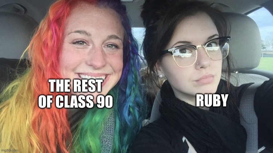 ruby goth | THE REST OF CLASS 90; RUBY | image tagged in rainbow hair and goth | made w/ Imgflip meme maker
