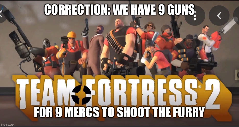 Team Fortress 2 Meet the Team | CORRECTION: WE HAVE 9 GUNS FOR 9 MERCS TO SHOOT THE FURRY | image tagged in team fortress 2 meet the team | made w/ Imgflip meme maker