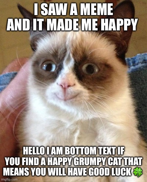 Grumpy Cat Happy Meme | I SAW A MEME AND IT MADE ME HAPPY; HELLO I AM BOTTOM TEXT IF YOU FIND A HAPPY GRUMPY CAT THAT MEANS YOU WILL HAVE GOOD LUCK 🍀 | image tagged in memes,grumpy cat happy,grumpy cat | made w/ Imgflip meme maker