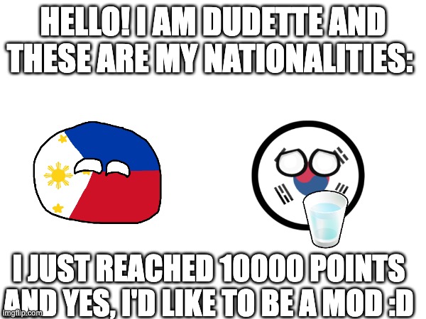 Nice to meet you, I'm Dudette *does a handshake* | HELLO! I AM DUDETTE AND THESE ARE MY NATIONALITIES:; I JUST REACHED 10000 POINTS AND YES, I'D LIKE TO BE A MOD :D | image tagged in hello there | made w/ Imgflip meme maker