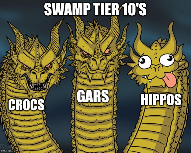 Hippo sucks | SWAMP TIER 10'S; GARS; HIPPOS; CROCS | image tagged in three-headed dragon,funny,gaming | made w/ Imgflip meme maker