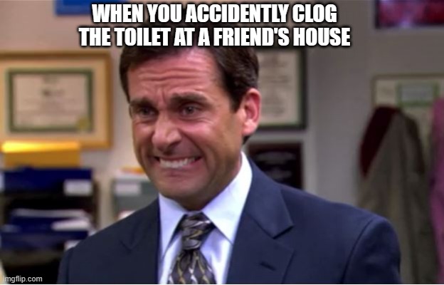 This has happened to me more than once | WHEN YOU ACCIDENTLY CLOG THE TOILET AT A FRIEND'S HOUSE | image tagged in office cringe,cringe | made w/ Imgflip meme maker