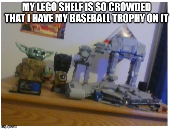 my shelf | MY LEGO SHELF IS SO CROWDED THAT I HAVE MY BASEBALL TROPHY ON IT | image tagged in legos | made w/ Imgflip meme maker