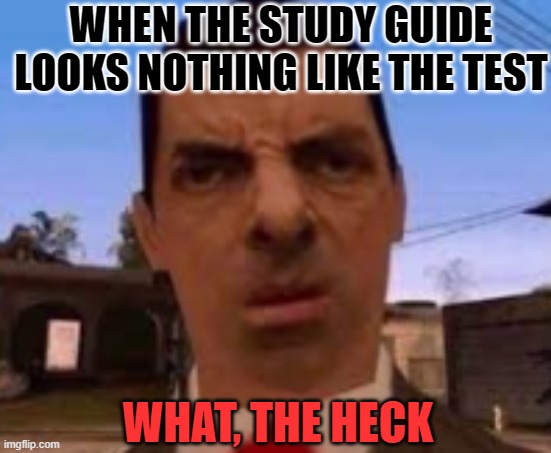 school is supposed to help us learn, not confuse us more | WHEN THE STUDY GUIDE LOOKS NOTHING LIKE THE TEST; WHAT, THE HECK | image tagged in school | made w/ Imgflip meme maker