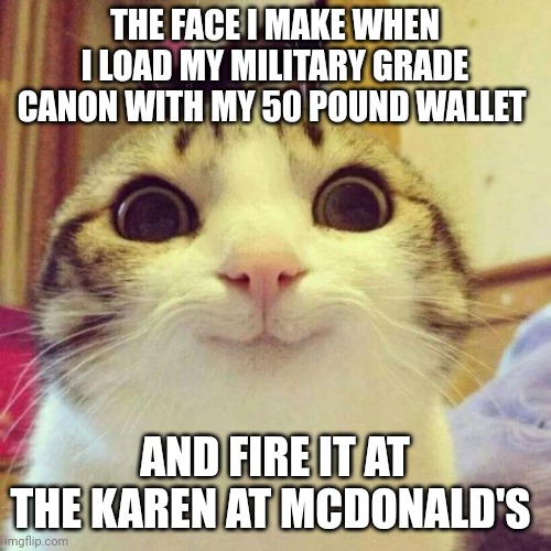 When you use a wallet as a canon ball | THE FACE I MAKE WHEN I LOAD MY MILITARY GRADE CANON WITH MY 50 POUND WALLET; AND FIRE IT AT THE KAREN AT MCDONALD'S | image tagged in memes,smiling cat | made w/ Imgflip meme maker