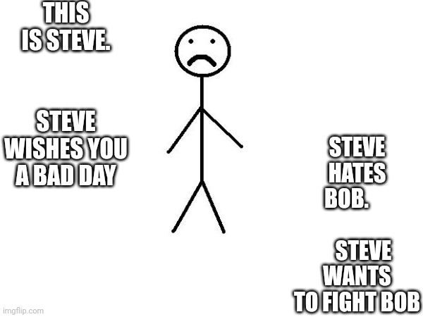 Steve | THIS IS STEVE.            STEVE WISHES YOU A BAD DAY; STEVE HATES BOB.                  STEVE WANTS TO FIGHT BOB | image tagged in memes,funny,scumbag steve | made w/ Imgflip meme maker