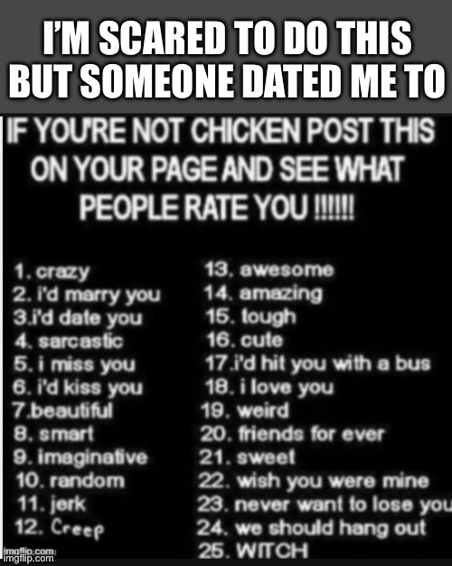 Help | I’M SCARED TO DO THIS BUT SOMEONE DATED ME TO | image tagged in i dare you to use it | made w/ Imgflip meme maker